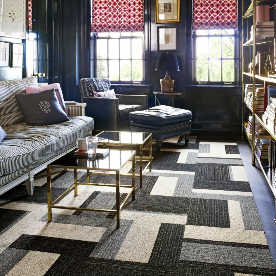 Inspiring Image Of Living Room Decoration Using Dark Grey Carpet Tile Along Escorted By Square Brass Glass Coffee Table Also Light Grey Stripe Covers Fancy Home Interior Decoration Using Various Living Room Designs