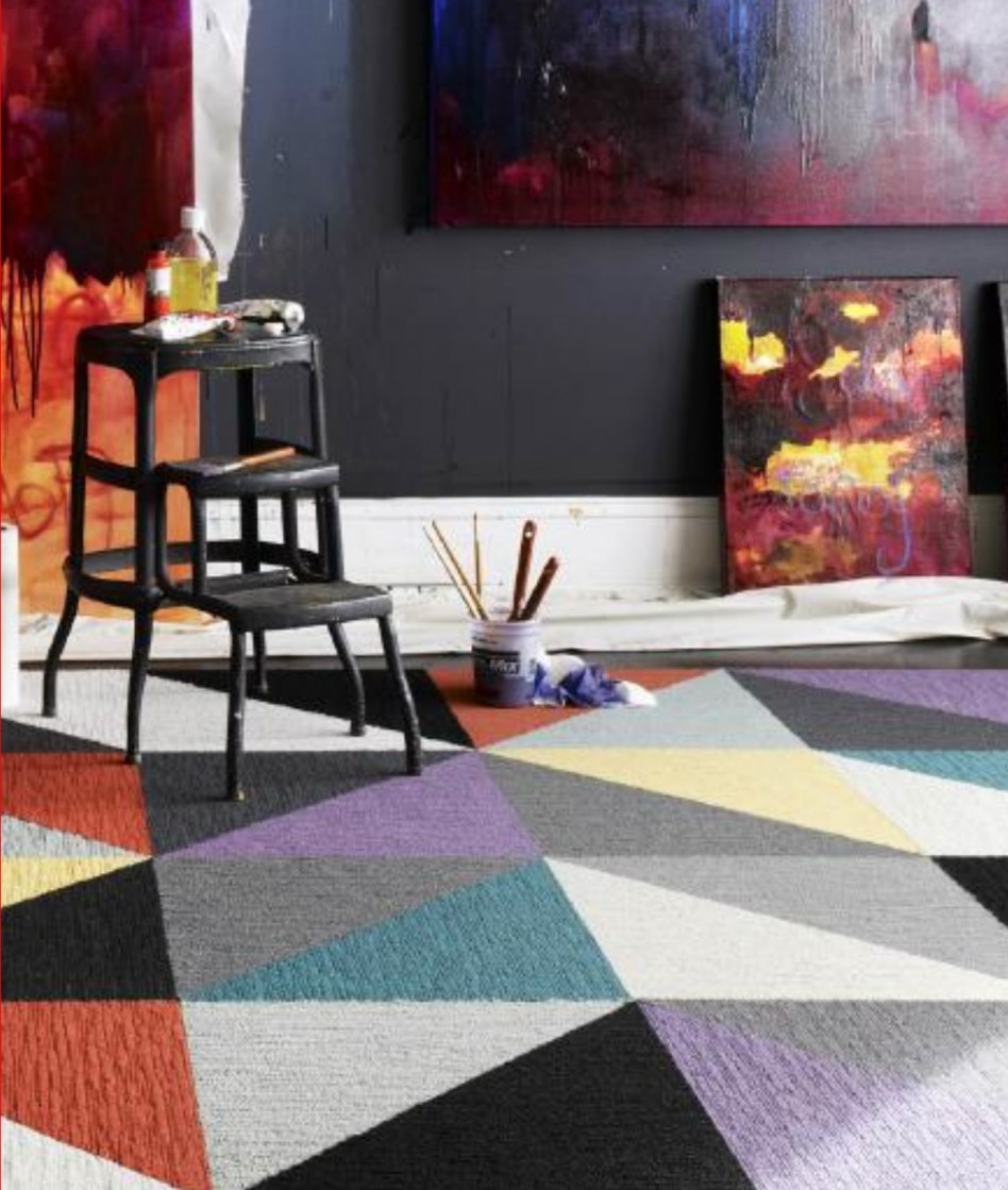 Lovely Home Interior Decoration Using Colorful Carpet Tile Along Escorted By Abstract Painting Decor Also Black Interior Wall Paint Fancy Home Interior Decoration Using Various Carpet Tile Living Room Designs