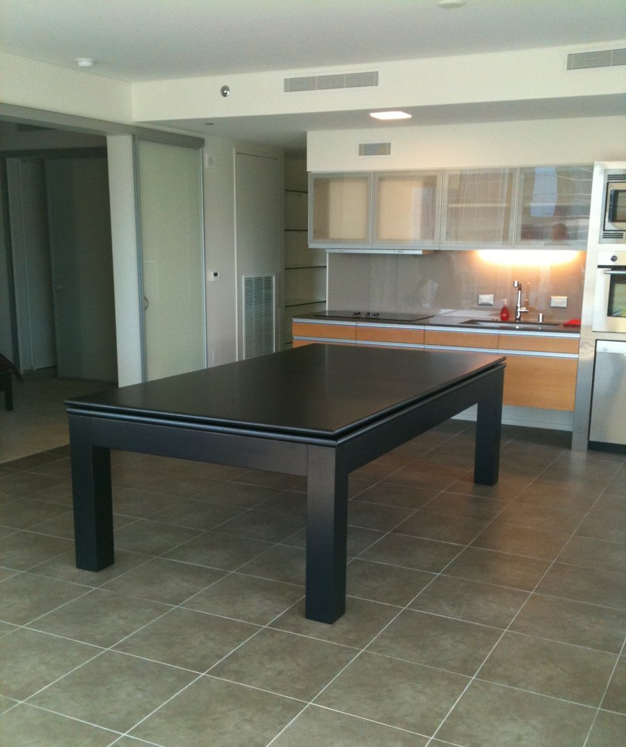 Fabulous Picture Of Open Floor Kitchen Dining Room Decoration Using Rectangular Black Wood Pool Dining Room Table Including Modern Light Orange Kitchen Counter Also White Led Lamp Under Cabin Dining Room Designs