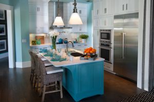 Kitchen Designs Amazing Two Tone Color Cool Blue Base Feat White Top Kitchen Island As Well As White Wooden Built In Kitchen Cabinets As Decorate In Midcentury Teal Kitchen Style Scheme Fascination Kitchen Lighting Ideas Small Kitchen with Artificial and Natural Lighting