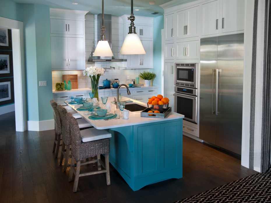 Amazing Two Tone Color Cool Blue Base Feat White Top Kitchen Island As Well As White Wooden Built In Kitchen Cabinets As Decorate In Midcentury Teal Kitchen Style Scheme Fascination Kitchen Designs