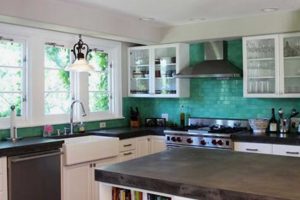 Kitchen Designs Fine Looking White Floating Kitchen Cabinetry System Hanging On Subway Tile Teal Ceramic Wall Backsplash Feat Barn Wood Countertop Also White Farmhouse Sink In Teal Kitchen Decoration Kitchen Lighting Ideas Small Kitchen with Artificial and Natural Lighting