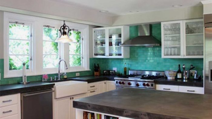 Kitchen Designs Medium size Fine Looking White Floating Kitchen Cabinetry System Hanging On Subway Tile Teal Ceramic Wall Backsplash Feat Barn Wood Countertop Also White Farmhouse Sink In Teal Kitchen Decoration