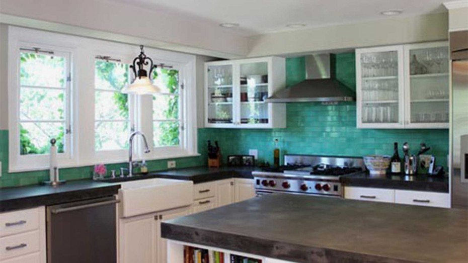 Fine Looking White Floating Kitchen Cabinetry System Hanging On Subway Tile Teal Ceramic Wall Backsplash Feat Barn Wood Countertop Also White Farmhouse Sink In Teal Kitchen Decoration Kitchen Designs