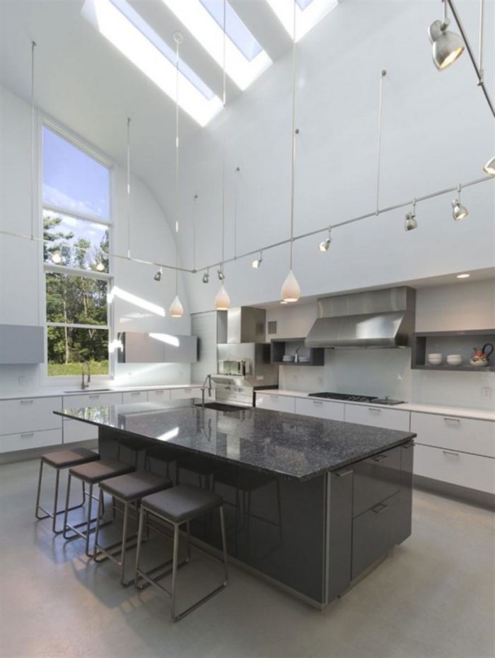 Interior Design Medium size Modern White Kitchen Decoration Using Modern Kitchen High Ceiling Lighting Including Rectangular Dark Grey Granite Kitchen Island Rectangular Tripe Skylight In Kitchen Inspiring