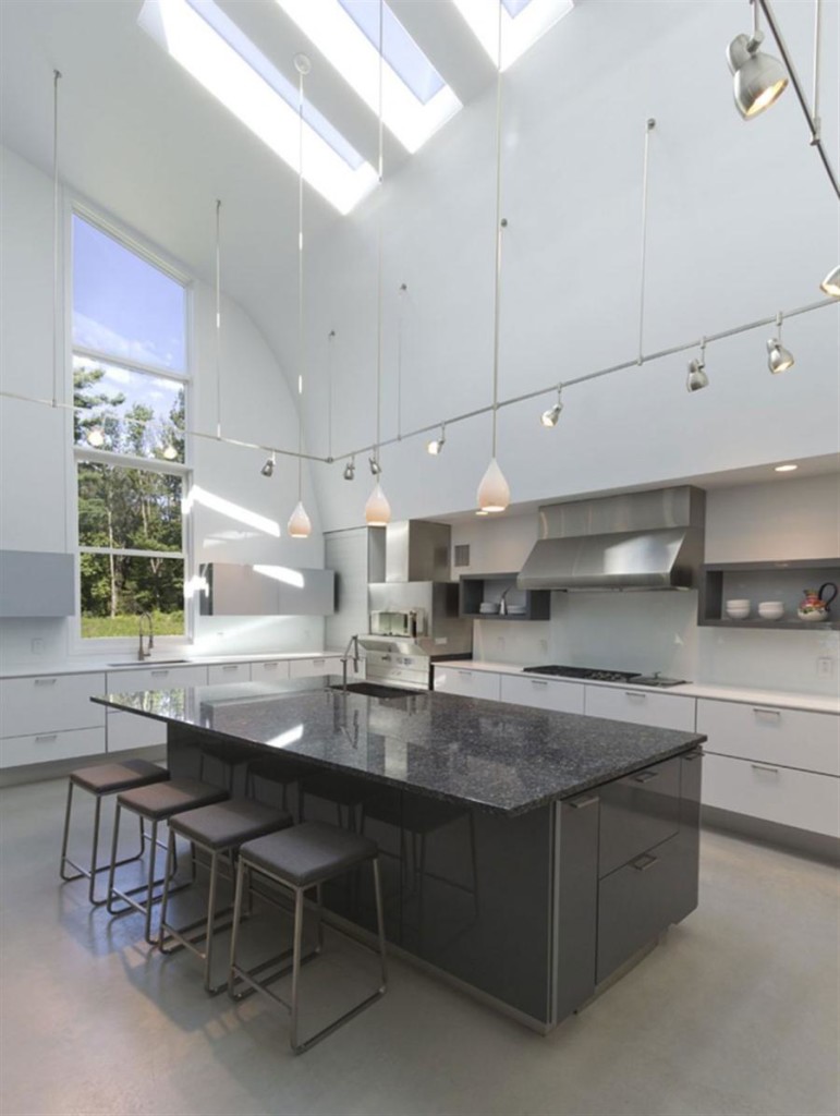 Modern White Kitchen Decoration Using Modern Kitchen High Ceiling Lighting Including Rectangular Dark Grey Granite Kitchen Island Rectangular Tripe Skylight In Kitchen Inspiring Interior Design