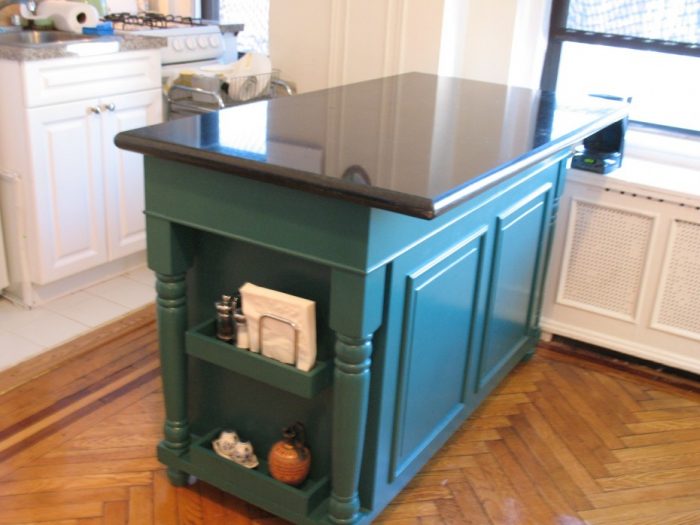 Kitchen Designs Medium size Pleasant Black Gloss Granite Countertop On Teal Butcher Block Island Shelves Feat White Cabinets On Chevron Wooden Flooring As Decorate In Contemporary Teal Kitchen Decoration