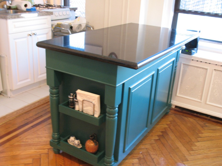 Pleasant Black Gloss Granite Countertop On Teal Butcher Block Island Shelves Feat White Cabinets On Chevron Wooden Flooring As Decorate In Contemporary Teal Kitchen Decoration Kitchen Designs