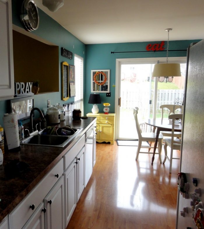 Kitchen Designs Medium size Teal Wall Painted In Small Galley Kitchen Escorted By Wooden Kitchen Cabinetry System On Gloss Wooden Floors As Inspiring Teal Kitchen Decorating Scheme Fascinating Teal Kitchen