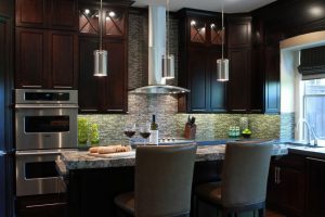 Kitchen Designs Thumbnail size Triple Silver Tube Burnished Nickel Kitchen Island Lighting Over White Gray Mosaic Granite Top Bar Island Escorted By Two Gray Leather Back Seat Upholstered Stool In Modern Kitchen