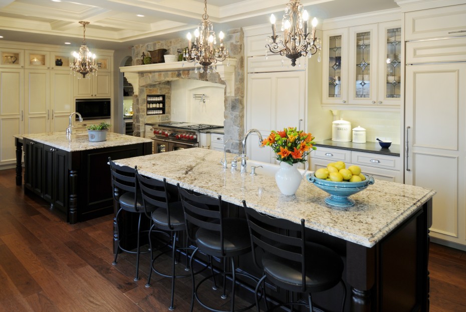 Classy Rustic 2 Mini Chandelier For Inspiring Kitchen Island Lighting Over White Mosaic Granite Top Island Escorted By Four Black Back Rail Stools As Well As Cool White Glass Door Kitchen Kitchen Designs