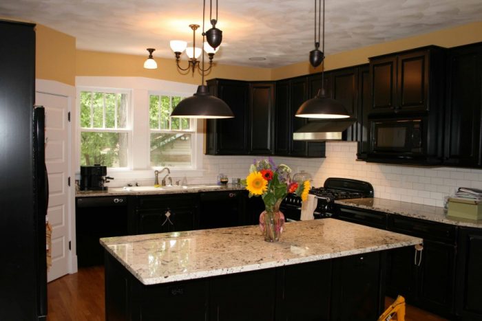 Kitchen Designs Medium size Eye Catching 2 Black Mine Shaft Adjustable Brushed Bronze Kitchen Island Lighting Over White Mosaic Granite Top Black Wooden Island As Well As Black Woods Kitchen Cabinet Set In Small