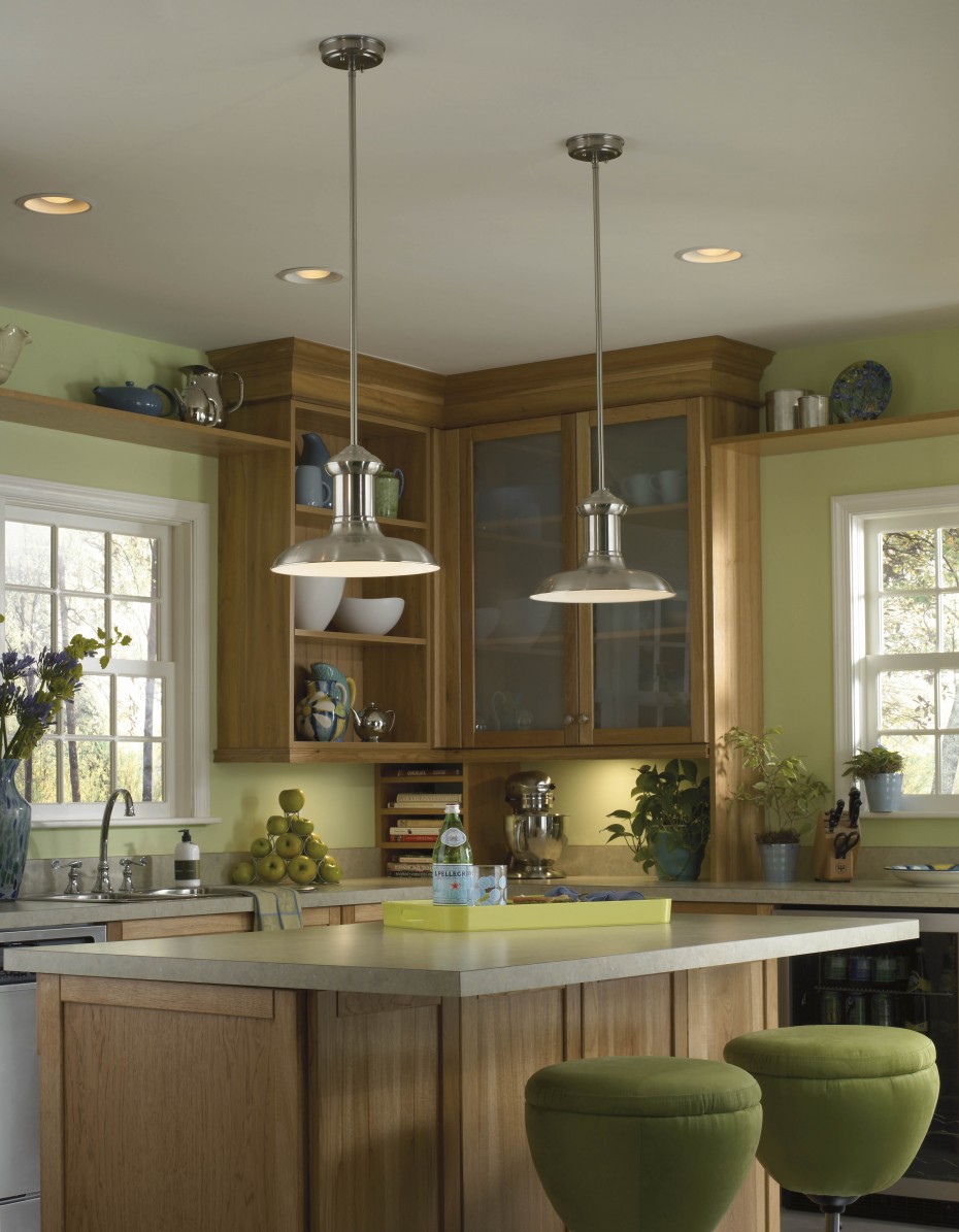 Glorious Two Funnel Pendant Brushed Chrome Kitchen Island Lighting Over White Square Marble Top Island Escorted By Unfinished Oak Panelling Also Green Fabric Round Backless Stools In Small Kitchen Designs