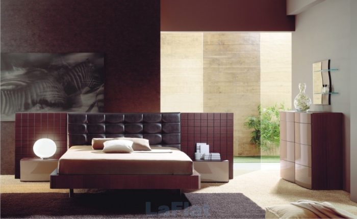 Interior Design Medium size Modern Home Interior Bedroom Decoration Using Modern Japanese Style Reddish Cherry Wood Platform Bed Frame Including Rectangular Tufted Dark Brown Leather Headboard