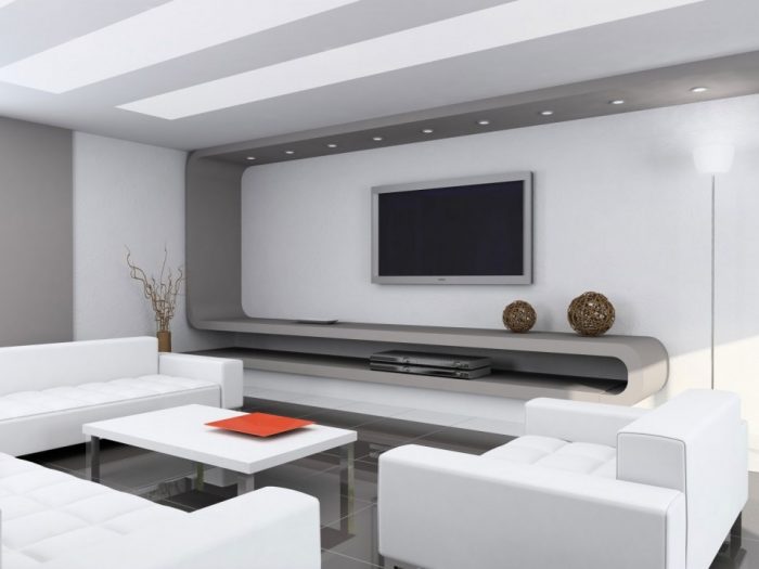 Interior Design Medium size Modern White Home Interior Living Room Decoration Using Modern White Leather Living Room Sofa Including Light Grey Tile Living Room Flooring Also Rectangular White Gloss Coffee Table