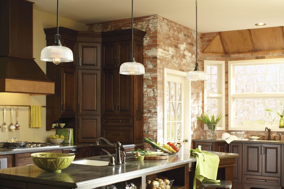 Nice White Glass Adjustable 3 Lights Brushed Bronze Kitchen Island Lighting Over Glossy Dark Mosaic Granite Top Island Escorted By Single Arc Faucet Sink As Well As Stack Stones Exposed Wall Kitchen Designs