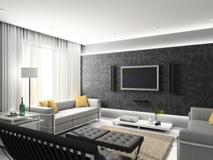 Interior Design Medium size Picture Of Home Interior Black Also White Living Room Style Using Accent Black Living Room Wallpaper Including Light Grey Yellow Sofa Cushion Also Transparent White Living Room