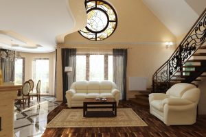 Interior Design Picture Of Home Interior Decoration Using Upholstered White Leather Living Room Sofas Along Escorted By Black Wrought Iron Staircase Railing Also Rectangular Cream Beige Rug In Living Room Small-Dining-Room-Home-Interior-Decoration-Using-Decorative-Large-Triangle-Black-Pendant-Lamp-Over-Dining-Table-Including-Solid-Rectangular-Light-Oak-Wood-Dining-Table