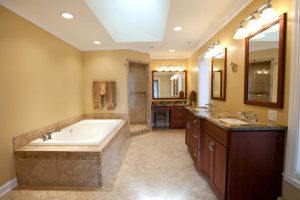 Bathroom Designs Thumbnail size Bathroom Designs Contemporary Image Of Small Bathroom Remodels Decoration Escorted By Solid Cherry Wood Double Bathroom Vanity Including Black Granite Bathroom Vanity Tops Also Cream Porcelain Tile Bathtub Surround To Renovate Small Bath Design