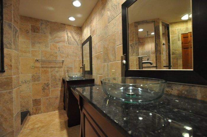 Bathroom Designs Medium size Cozy Image Of Small Bathroom Remodels Decoration Using Black Granite Bathroom Vanity Tops Along Escorted By Rectangular Travertine Bathroom Wall Also Round Glass Bathroom Vessel Sinks Contempo Images