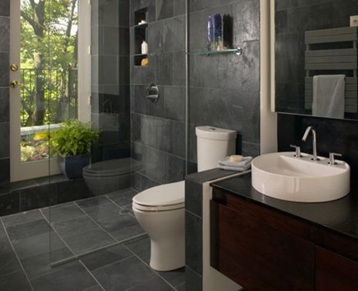 Bathroom Designs Medium size Great Picture Of Modern Small Bathroom Remodels Decoration Using Dark Grey Stone Tile Bathroom Wall Including Black Granite Bathroom Vanity Tops Also Round White Ceramic Bathroom Vessel Sinks