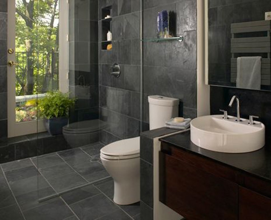 Great Picture Of Modern Small Bathroom Remodels Decoration Using Dark Grey Stone Tile Bathroom Wall Including Black Granite Bathroom Vanity Tops Also Round White Ceramic Bathroom Vessel Sinks Bathroom Designs