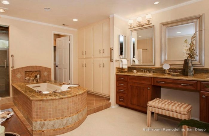 Bathroom Designs Medium size Inspiring Picture Of Small Bathroom Remodels Decoration Using Light Brown Stripe Bathroom Vanity Chair Including Light Brown Porcelain Tile Bathtub Surround Also Light Brown Granite Bathroom