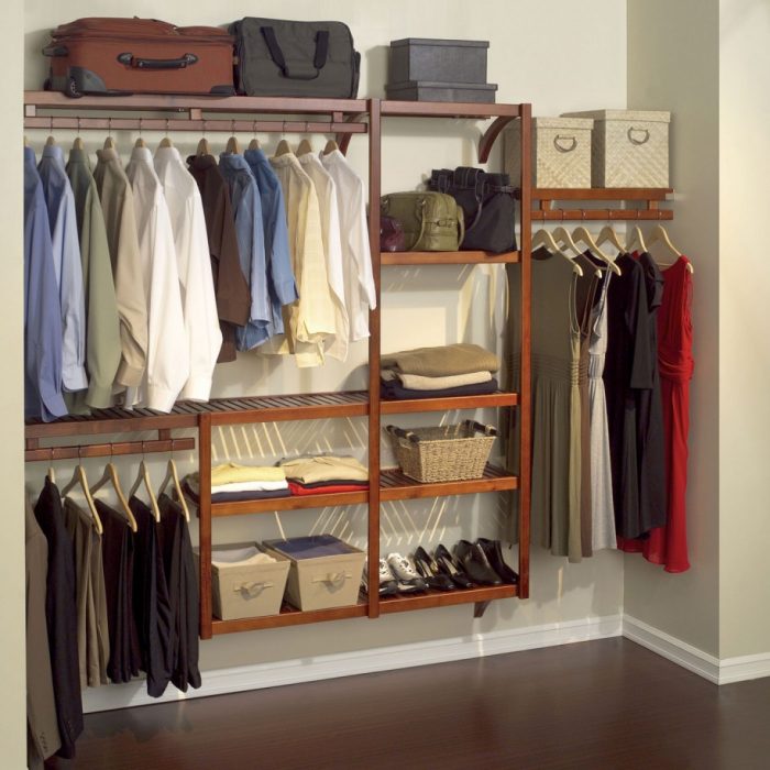 Furniture + Accessories Medium size Beautiful Closet Style Tool Escorted By Dark Brown Oak Wall Rack Escorted By Metal Hanger Nice Greige Wall Escorted By White Gypsum Trim Nice Brown Hardwood Floor Extraordinary Closet