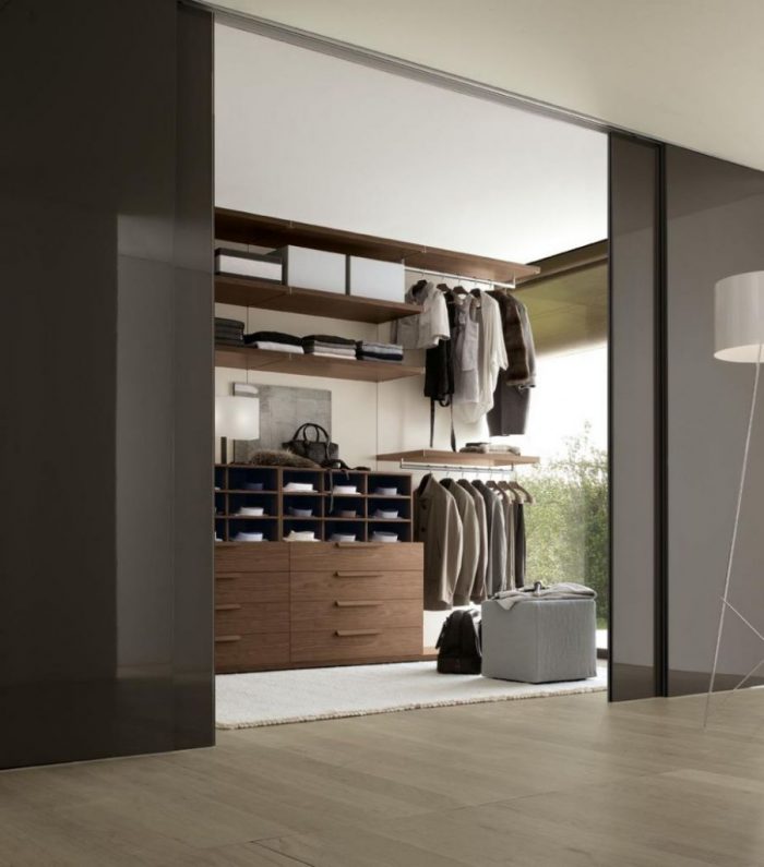 Furniture + Accessories Medium size Big Also Spacious Beautiful Closet Style Tool Escorted By Dark Brown Oak Wall Rack Escorted By Metal Hanger Nice Greige Wall Escorted By White Gypsum Trim Nice Brown Hardwood Floor