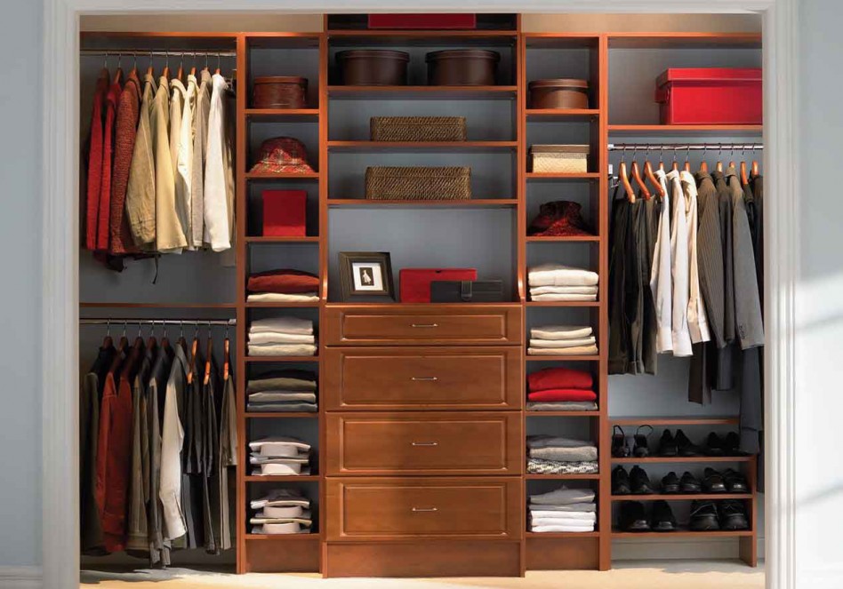 Extraordinary Closet Style Tool Escorted By Dark Brown Dof Wooden Cabinet Double Side Cloth Racks Also Cloth Hanger Space Stunning Grey Wall Colouring Extraordinary Closet Furniture + Accessories