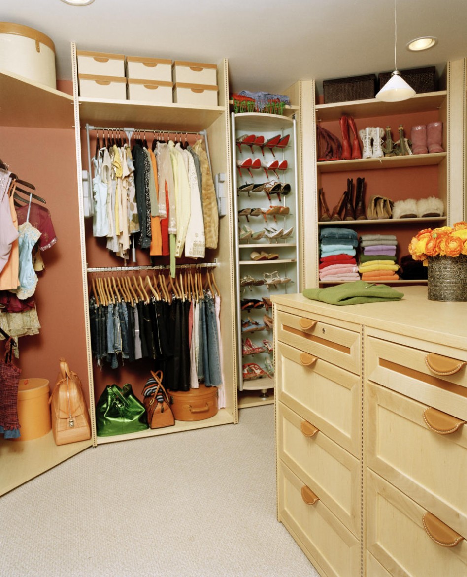 Fancy Style Of Closet Escorted By Curved L Shape Wooden Cabinetry Escorted Byn Over Plastic Storage Also Shoes Wooden Rack Cool Tidy Arranegment Escorted By Small Overhead Ceiling Lamps Furniture + Accessories