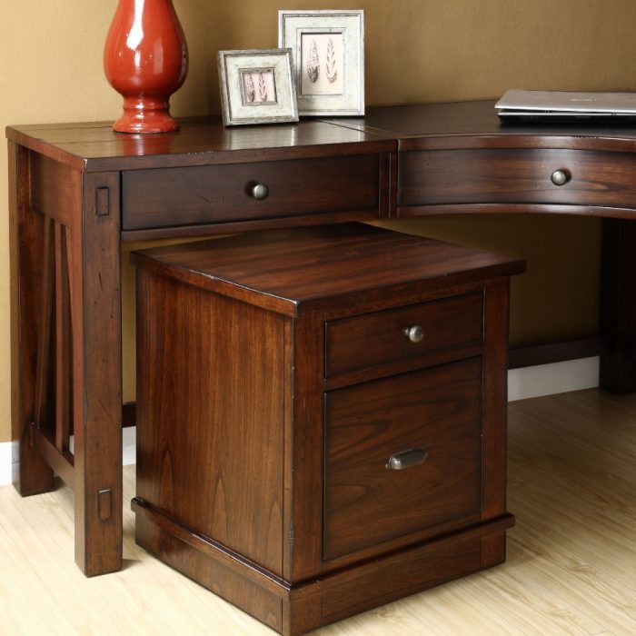 Furniture + Accessories Medium size Beautiful Brown Gloss Polished Wooden Corner Office Curved Desk Escorted By 2 Drawer Also Small Square Wooden Chest 2 Drawer On Laminate Wood Floor For Decorate Home Office Furnishing Idea