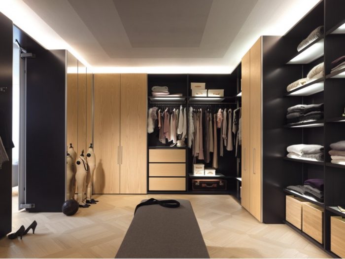 Furniture + Accessories Medium size Charming Wooden L Shaped Wardrobe Closet Cabinet System Escorted By Open Shelves Clothing Storage Also Drawers As Well As Hidden Sliding Door In Modern Walk In Closet Styles Fantastic Wardrobe