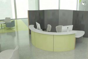 Furniture + Accessories Contemporary Reception Curved Desk Station Escorted By White Glossy Acrylic Countertop Also 3 Panels Front Side As Well As Gray Divider Room In Open Office Interior Style Intriguing Curve Architect Desks For Architect Work
