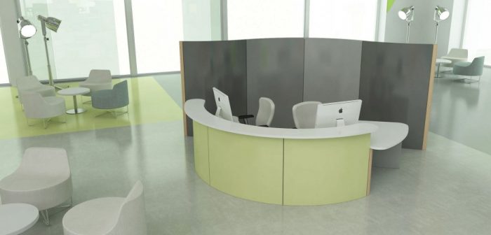 Furniture + Accessories Medium size Contemporary Reception Curved Desk Station Escorted By White Glossy Acrylic Countertop Also 3 Panels Front Side As Well As Gray Divider Room In Open Office Interior Style Intriguing Curve