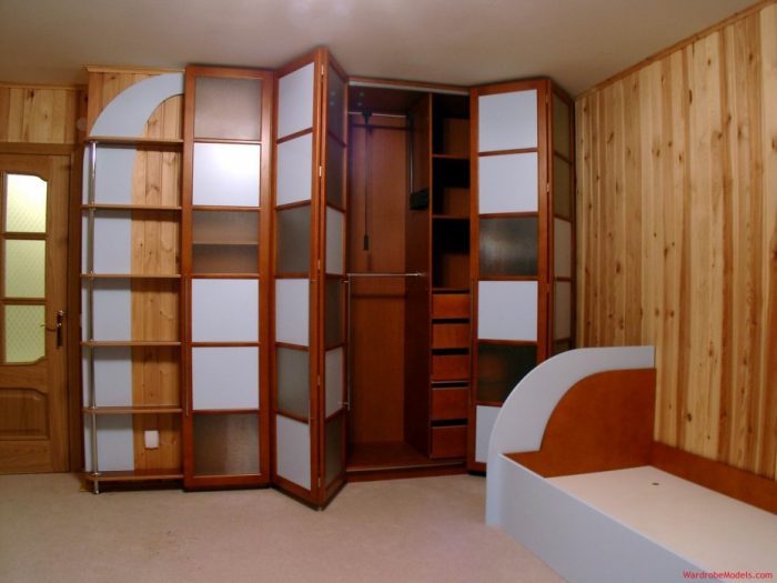 Furniture + Accessories Medium size Excellent 4 Folding Door Wardrobe Closet Escorted By White Lite Also Frosted Glass Door As Inspiring Buil In Wardrobe Closet Cabinetry In Small Space Bedroom Escorted By Wooden Wall Panelling Style