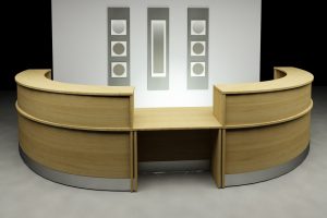 Furniture + Accessories Thumbnail size Gorgeous Plywood Reception Station Curved Desk Escorted By 4 Panels Front Side As Decorate Modern Office Furnishing Escorted By Artwork Wall Decor At White Office Interior Style Intriguing Curve