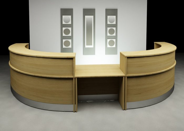 Furniture + Accessories Gorgeous Plywood Reception Station Curved Desk Escorted By 4 Panels Front Side As Decorate Modern Office Furnishing Escorted By Artwork Wall Decor At White Office Interior Style Intriguing Curve Architect Desks For Architect Work