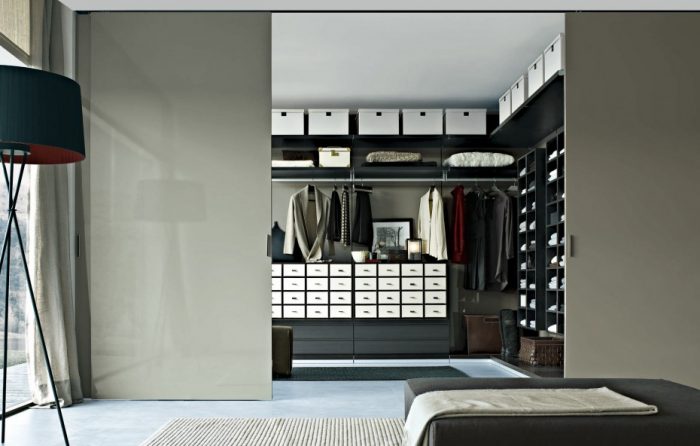 Furniture + Accessories Marvelous Gray Sliding Glass Door For Wardrobe Closet Escorted By White Drawers Also Shelving Storage In Minimalist Walk In Closet Decors Fantastic Wardrobe Closet Styles Storage Also Picture Closet Lighting Fixtures For Modern Clothes Closet