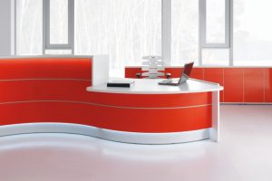 Furniture + Accessories Thumbnail size Ontemporary Red 3 Panels Reception Curved Desk Office Escorted By White Gloss Acrylic Top For Laptop Desk On White Floor Tiles For Inspiring Decor Modern White Office Furniture Scheme Interior