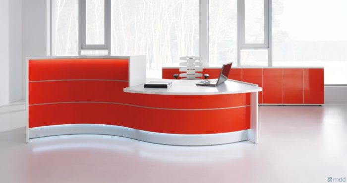 Furniture + Accessories Ontemporary Red 3 Panels Reception Curved Desk Office Escorted By White Gloss Acrylic Top For Laptop Desk On White Floor Tiles For Inspiring Decor Modern White Office Furniture Scheme Interior Architect Desks For Architect Work