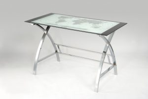 Furniture + Accessories Thumbnail size Simplistic Curved Desk Stainless Steel X Leg Escorted By Rectangular White Top Chrome Frames For Inspiring Modern Coffee Table Style Intriguing Curved Desk For Home Ofiice Inspirations