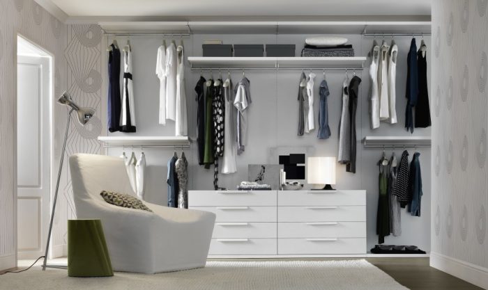 Furniture + Accessories Medium size Splendid White Low Wardrobe Closet Under Open Shelves As Storage Escorted By Clothing Hook Attach At Grey Wall Painted Also Unique Gray Couch In Modern Small Walk In Closet Decors Fantastic