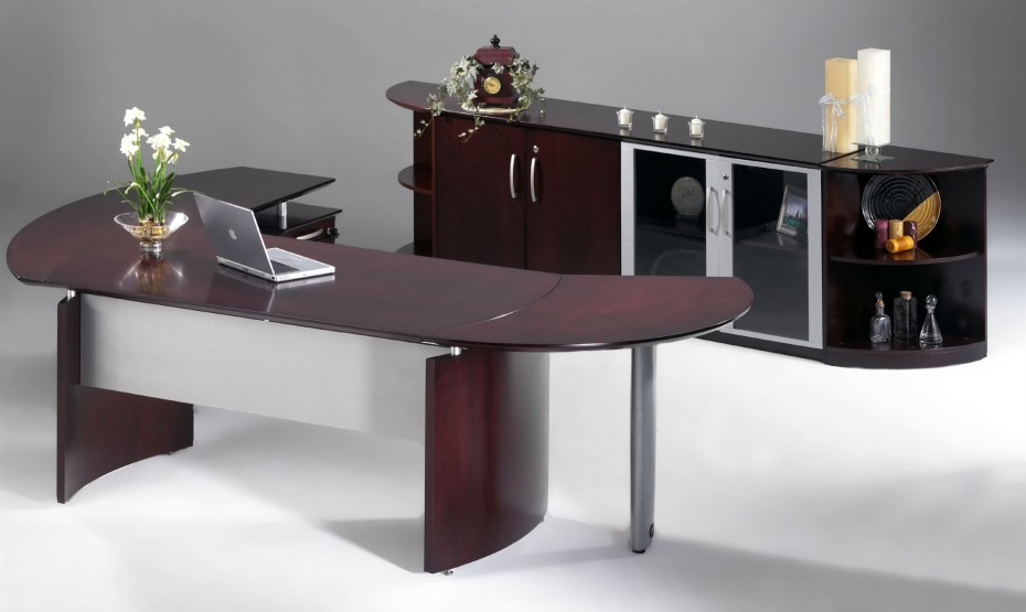 Sweet Cherry Polished Plywood Curved Desk Escorted By Chrome Pedestal Escorted By L Shaped Style Also Modern Low Cabinet Pair Of Double Door Glass Escorted By Shelved Inspiring Modern Furnishing Style Furniture + Accessories