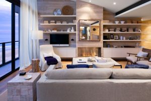 Furniture + Accessories Thumbnail size Ace Modern White Fabric Slipcovers Sectional Sofa Added White Ceiling To Floor For Wide Glass Windows Treatments As Well As Built In Living Room Shelves Escorted By Slanting Ceiling Light