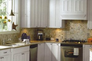 Decoration Thumbnail size Adorable Country Small Kitchen Decors Escorted By White Painted Kitchen Cabinets Also Ceramic Tiled Backsplash As Well As White Glass Windows Frames Styles Prodigious Small Kitchen