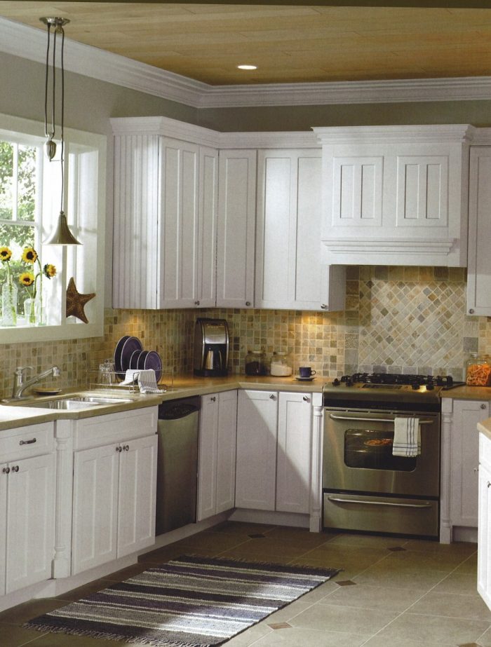 Decoration Adorable Country Small Kitchen Decors Escorted By White Painted Kitchen Cabinets Also Ceramic Tiled Backsplash As Well As White Glass Windows Frames Styles Prodigious Small Kitchen Practical And Anti-Scratch Laminated Wood Floors