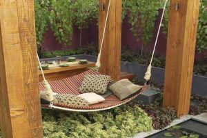 Furniture + Accessories Thumbnail size Amazing Wooden Outdoor Canopy Bed Best Romantic Style Escorted By Four Wooden Poles Also Hang A Comfortable Bed Along Escorted By Some Pillows Escorted By Plants Surrounding Also Include Pond