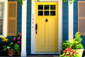 Ideas Thumbnail size Astounding Picture Of Colorful Front Porch Decoration Using Blue Wood Siding Including Square White Front Porch Pillar Also Light Yellow Single Front Doors Good Looking Image Of Front Porch