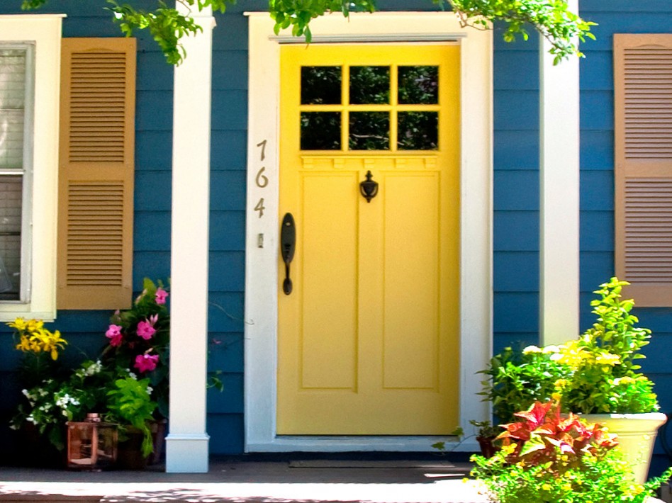 Astounding Picture Of Colorful Front Porch Decoration Using Blue Wood Siding Including Square White Front Porch Pillar Also Light Yellow Single Front Doors Good Looking Image Of Front Porch Ideas